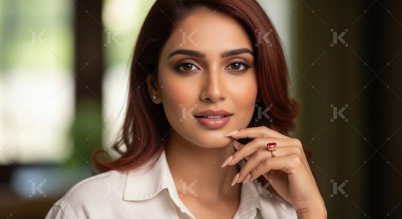 Elegant Woman with Ruby Ring and Radiant Gaze