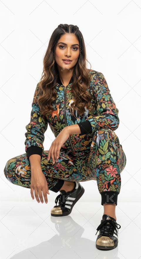 Stylish Woman in Vibrant Floral Tracksuit Squatting on White.