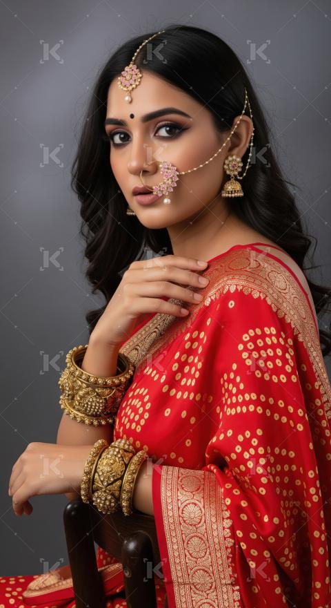 Beautiful Indian Woman in Red Saree with Traditional Gold Jewelr