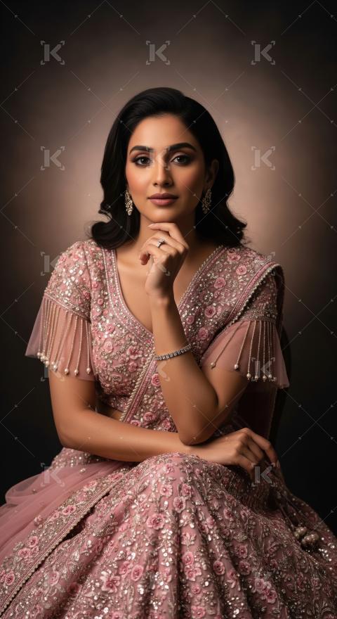 Elegant South Asian Woman Posing in Exquisite Pink Traditional A