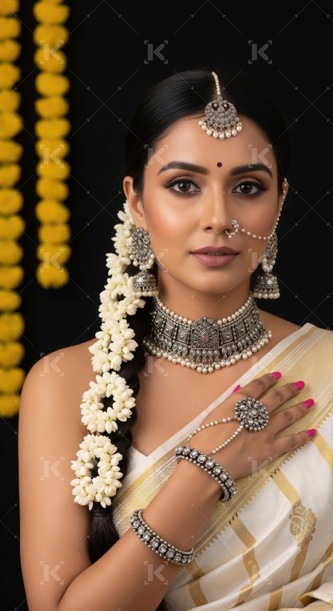 Elegant South Indian Woman Adorned in Traditional Jewelry and Ga