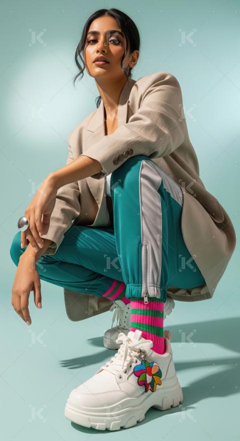 Stylish woman in athleisure squatting with confident expression