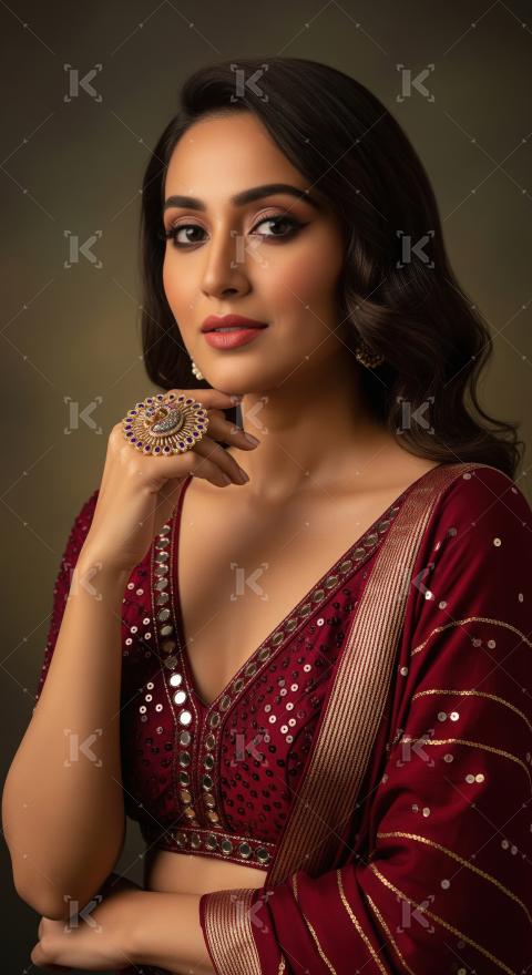 Beautiful Indian Woman Posing with Ornate Peacock Ring