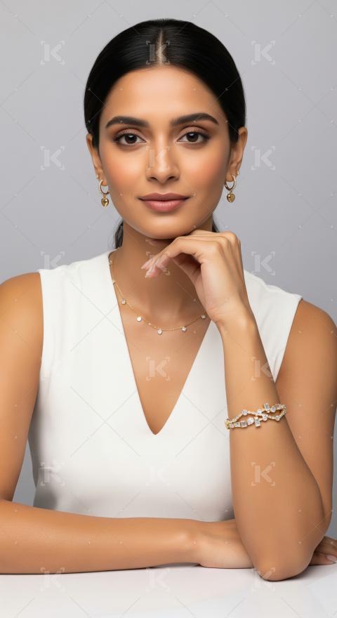 Elegant Woman Showcasing Luxurious Gold and Diamond Jewelry Set