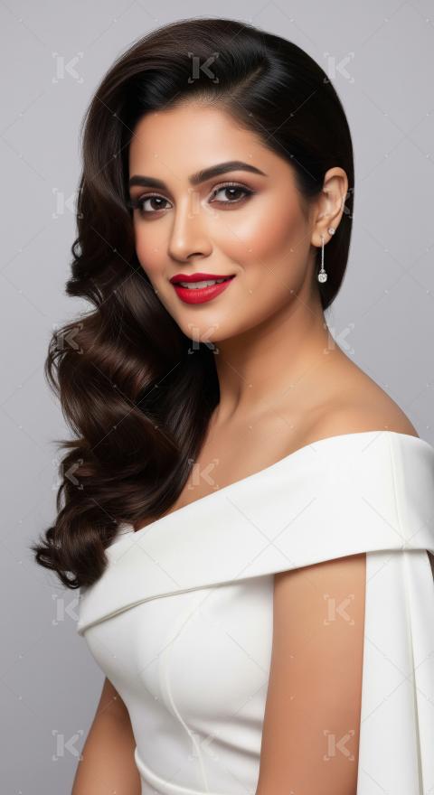 Beautiful Indian Woman with Elegant Hairstyle and Red Lips