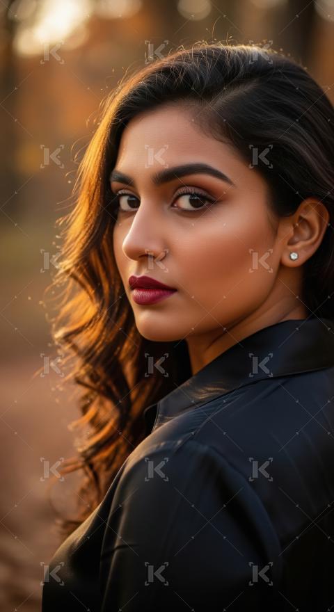 Radiant Indian Beauty: Golden Hour Portrait with Deep Red Lips