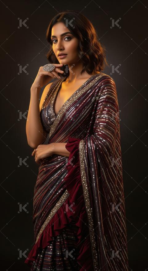 Elegant Indian Woman in Sequin Saree with Statement Ring
