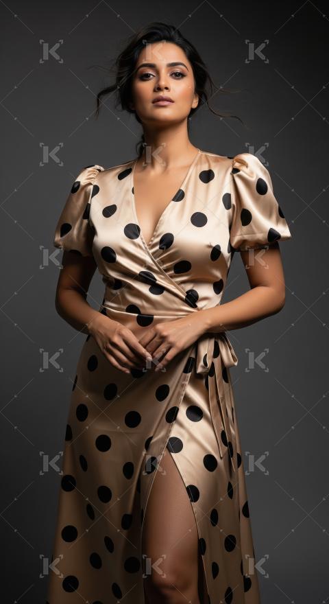 Elegant Woman in Polka Dot Satin Wrap Dress Posing