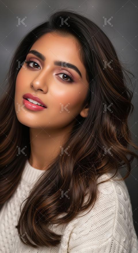 Beautiful young woman with stunning makeup and long wavy hair