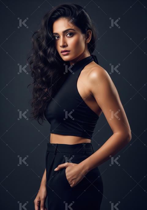 Confident Young Woman in Black Fashion Studio Portrait