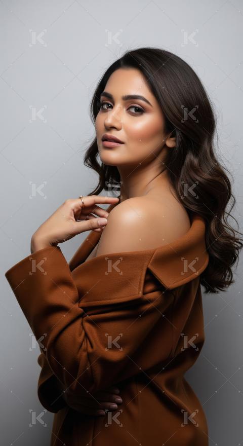 Beautiful Woman in Brown Coat Posing Elegantly in Studio