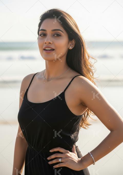 Beautiful Young Woman Posing Confidently on a Sunny Beach
