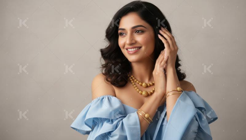 Beautiful Indian Woman Smiling, Adorned with Elegant Gold Jewelr