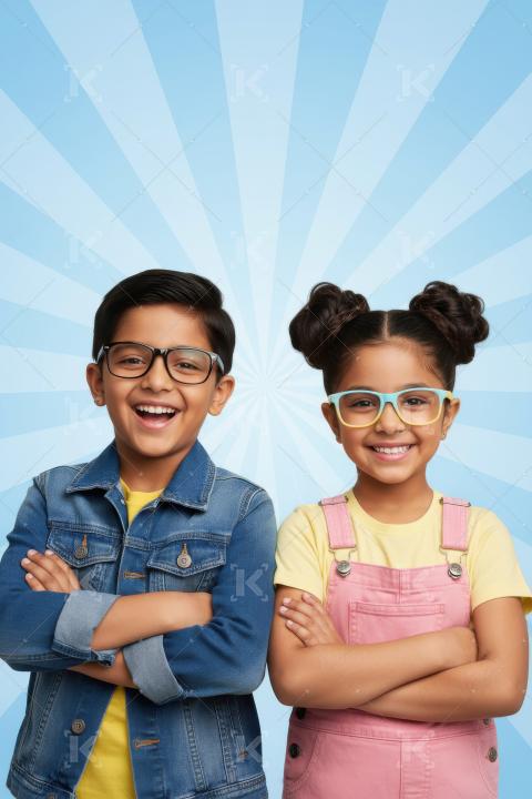 Happy diverse children smiling confidently in eyeglasses against