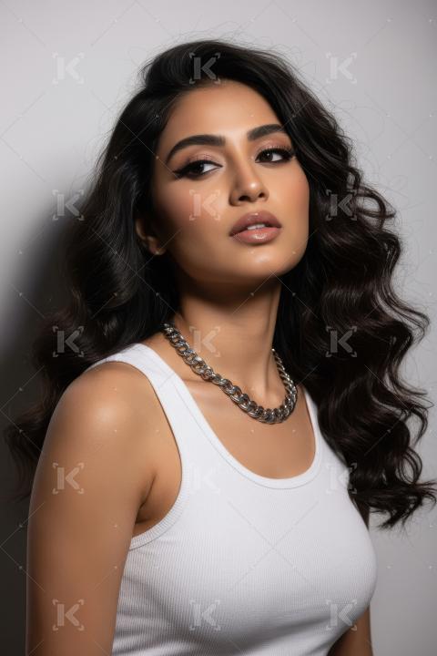 Glamorous Woman Posing with Wavy Hair and Silver Chain Necklace