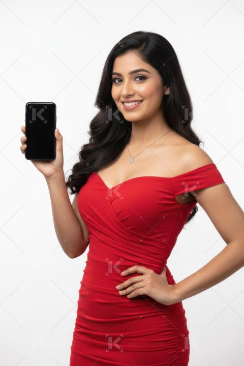 Beautiful Indian Woman Smiling, Displaying Blank Smartphone Scre