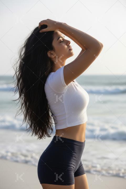 Serene woman enjoying beach sun and ocean breeze.
