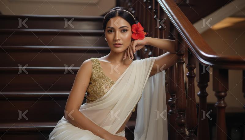 Elegant Indian Woman Poses on Grand Wooden Staircase