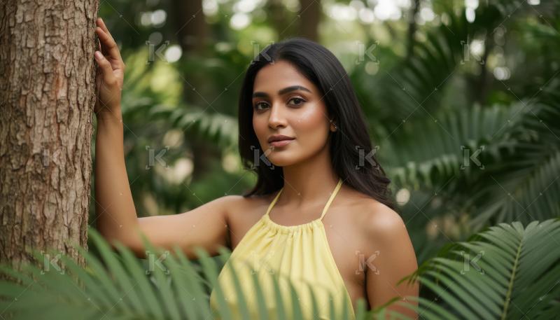 Elegant Indian woman connecting with nature's vibrant green