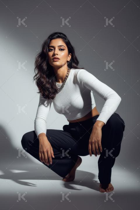 Confident Woman Squats in White Crop Top and Black Pants