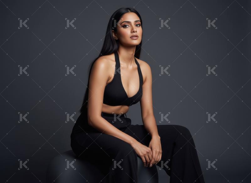 Confident Young Woman Posing Elegantly in Black Studio Attire
