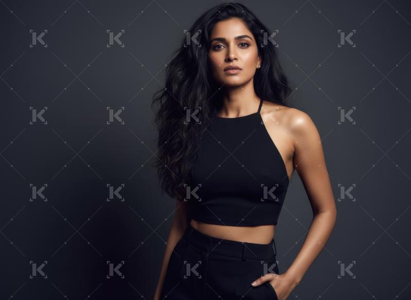 Confident Woman in Black Crop Top, Studio Portrait