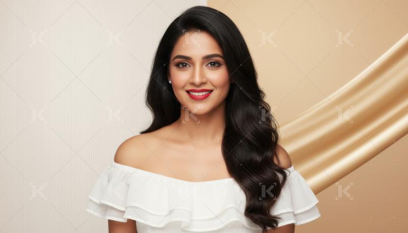 Beautiful Indian Woman Smiling Confidently with Dark Wavy Hair