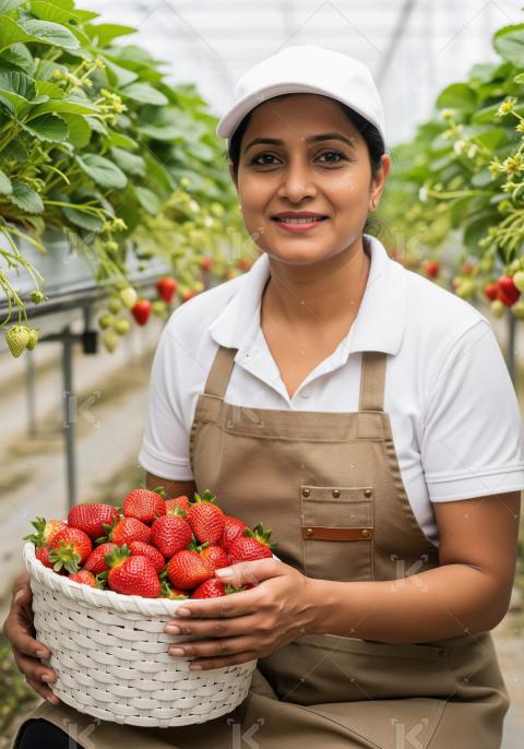 Happy farmer presenting fresh strawberries in a modern greenhous