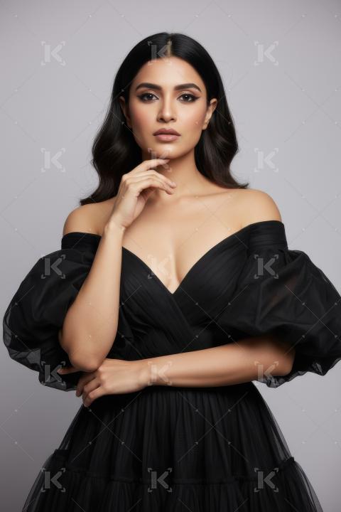 Elegant Woman in Black Off-Shoulder Dress Posing Confidently