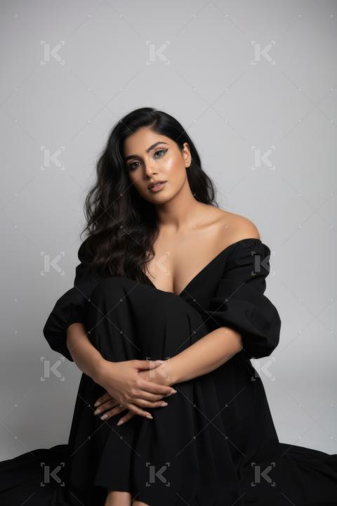 Elegant Woman in Black Off-Shoulder Dress Posing Serene Portrait