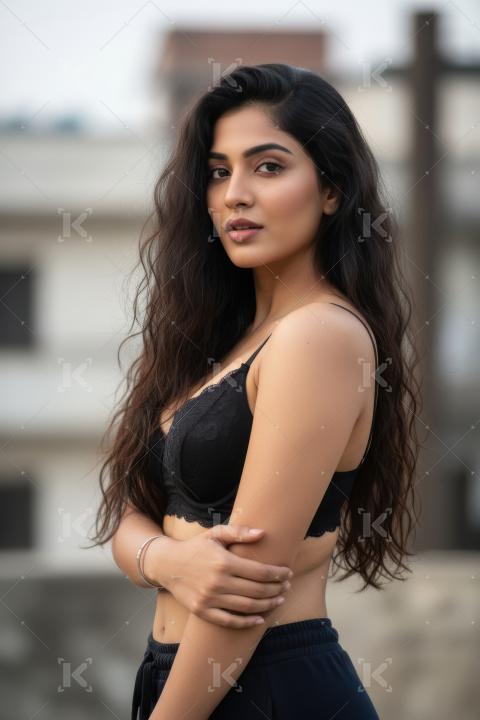Confident Indian Woman in Black Bra, Long Hair, Outdoor Portrait