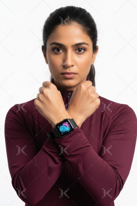 Focused Woman in Sportswear with Smartwatch on Wrist
