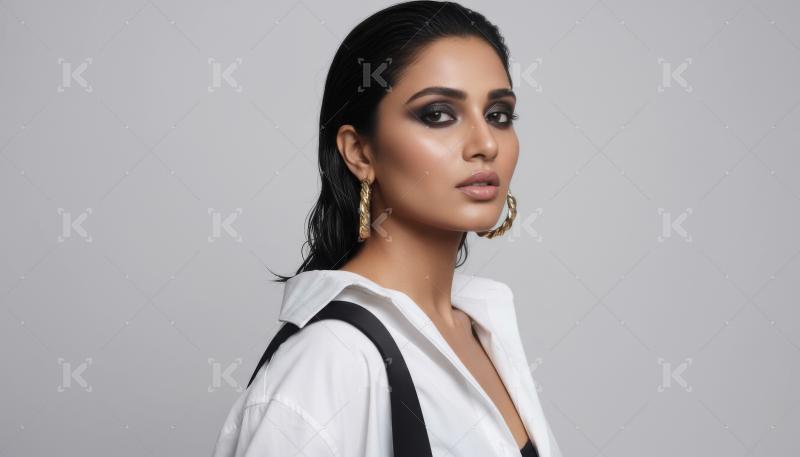 Elegant Woman Posing with Bold Makeup and Jewelry