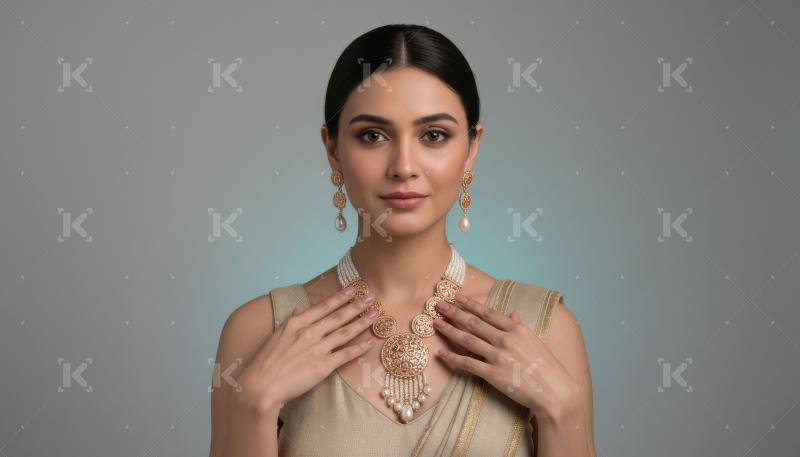 Beautiful Indian Woman Adorned in Exquisite Traditional Gold Pea