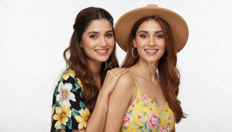 Two Beautiful Indian Women Smiling in Floral Summer Outfits