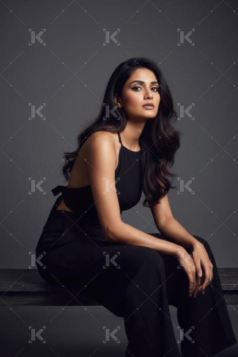 Elegant Woman in Black Posing Confidently in Studio Portrait
