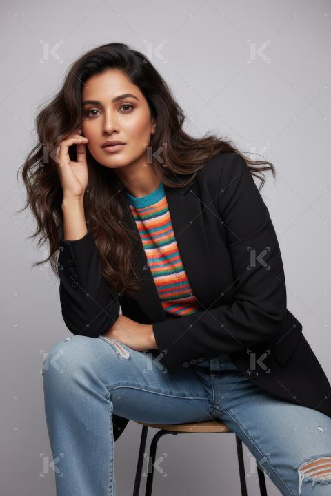 Fashionable young woman posing in blazer, jeans, and colorful sw