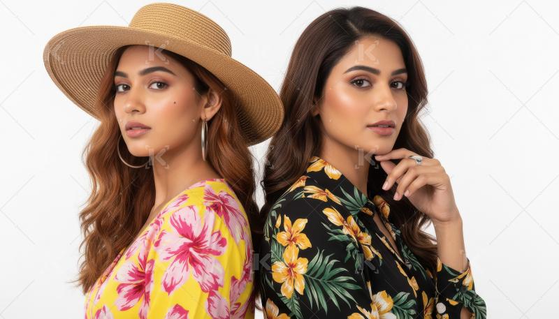 Beautiful stylish women modeling floral fashion back-to-back