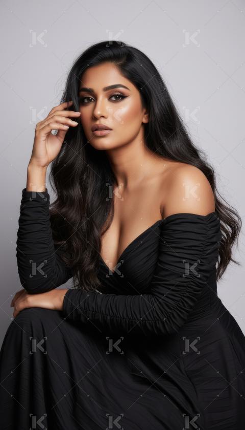 Elegant South Asian Woman in Black Off-Shoulder Dress Posing