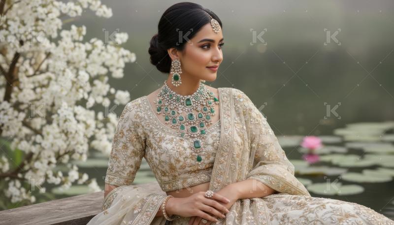 Elegant Indian Woman in Luxurious Traditional Attire and Emerald