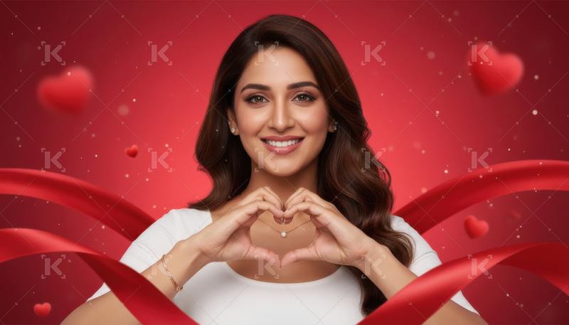 Smiling Woman Making Heart Gesture on Red Background with Jewelr