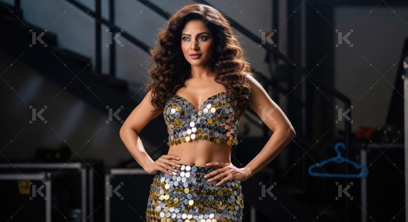 Glamorous Woman in Sparkling Sequin Outfit Posing Confidently