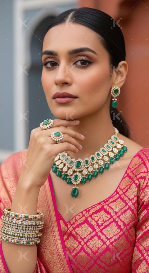 Elegant Indian Woman Adorned in Exquisite Emerald Diamond Jewelr