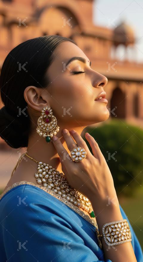 Indian woman in traditional jewelry basking in golden light