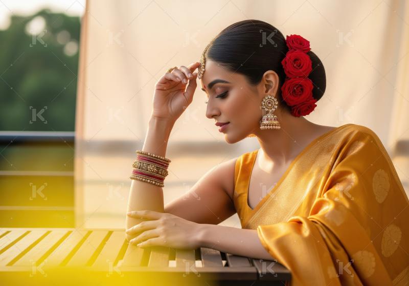 Elegant Indian Woman in Golden Saree with Traditional Jewelry