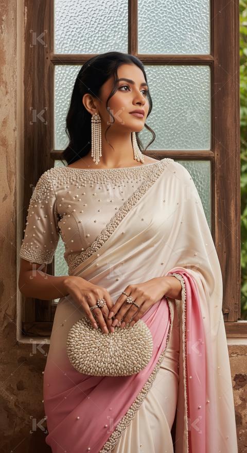 Elegant Indian woman in pearl-embellished saree with matching ac