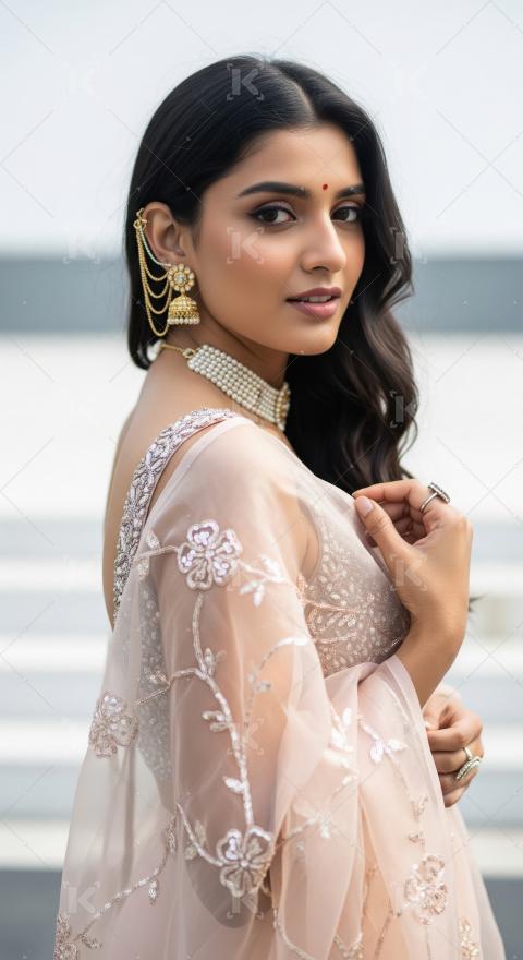 Beautiful Indian Woman in Elegant Pink Saree and Traditional Jew