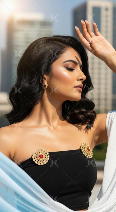 Elegant Indian Woman Showcasing Exquisite Gold and Ruby Jewelry