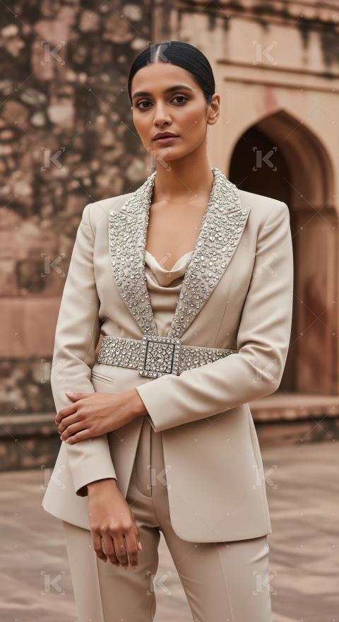 Elegant woman in embellished beige pantsuit with crystal belt