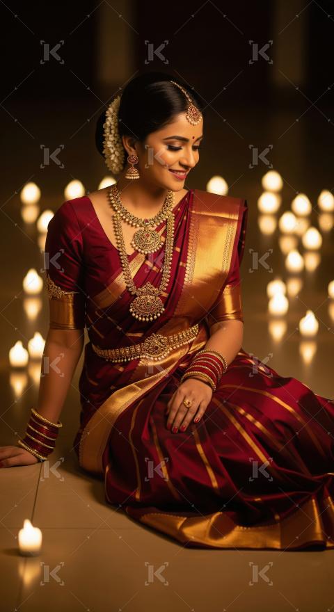 Elegant South Indian Woman in Saree with Gold Jewelry Amidst Diy